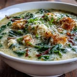 Spoon lifting velvety broth with tender chicken and wilted spinach from a steaming soup bowl.