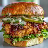 Creamy homemade sauce drizzled over a spicy chicken sandwich, served on a plate with crispy french fries.