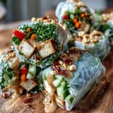 Bowl of vibrant Rice Paper Roll Bowl ingredients including vermicelli noodles, cubed tofu, shredded purple cabbage, and chopped roasted peanuts, drizzled with creamy peanut sauce and a lime wedge on the side.