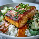 Crisp cucumber and edamame salsa adds fresh crunch to this vibrant Bang Bang Salmon Bowl.