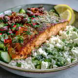 A close-up view of a Mediterranean Salmon Bowl featuring flaky salmon, golden crispy rice, and fresh cilantro garnish.