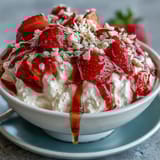 A vibrant bowl of creamy Greek yogurt topped with fresh strawberry compote, crunchy nuts, and a golden honey drizzle.
