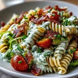 Creamy avocado ranch coats rotini pasta, bacon, lettuce, and tomatoes in this easy BLT pasta recipe.  