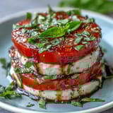Vibrant Caprese salad with basil oil drizzle, juicy heirloom tomatoes, and soft mozzarella slices.  