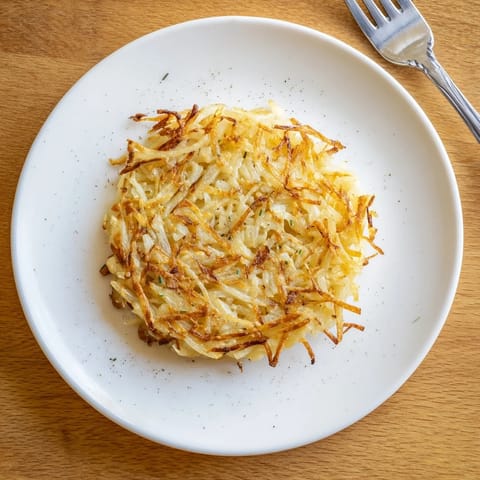 Golden brown shredded hash browns sizzling in a skillet, ready to serve with sunny-side-up eggs and crispy bacon strips.
