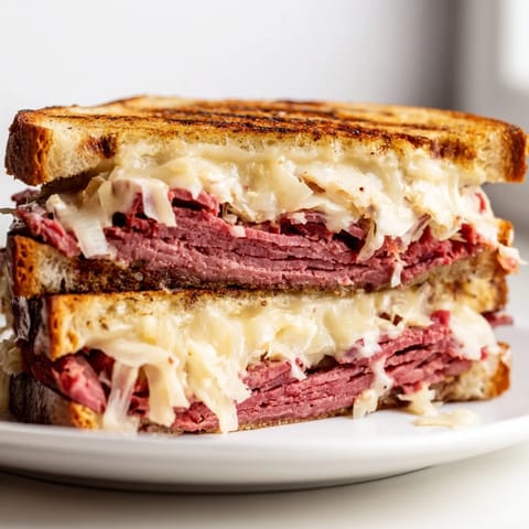Grilled Reuben Sandwich on a plate with dill pickle spears and potato chips, showcasing melted Swiss cheese and corned beef.