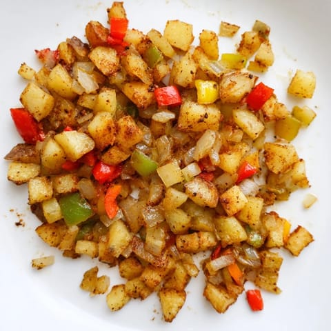 Crispy diced potatoes, sweet onions, and peppers tossed in a cast-iron pan for a hearty diner-style breakfast.