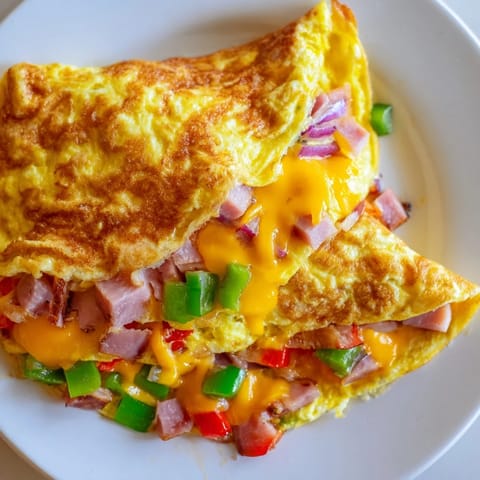 Denver Omelet filled with melted cheddar, diced ham, and sautéed bell peppers, folded and ready to serve.