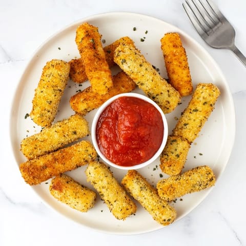 Freshly fried mozzarella sticks with golden, crispy panko breadcrumbs, served alongside a warm bowl of homemade marinara sauce for dipping.