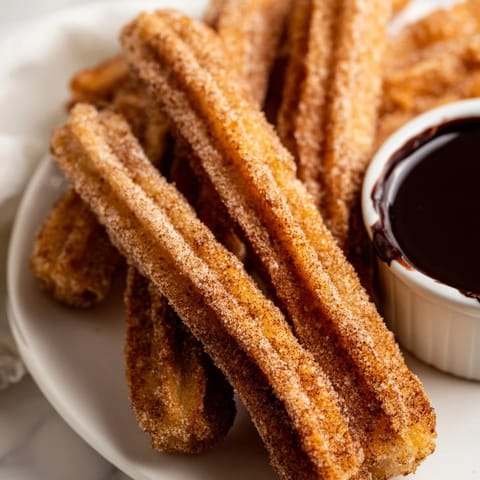 Golden churros with a crispy exterior and soft interior are dipped in dark chocolate sauce on a white plate.