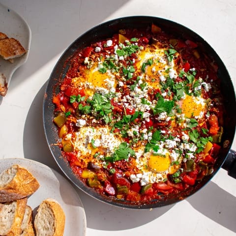 Hearty shakshuka simmered with cumin and paprika, served with crusty bread for dipping into runny yolks.