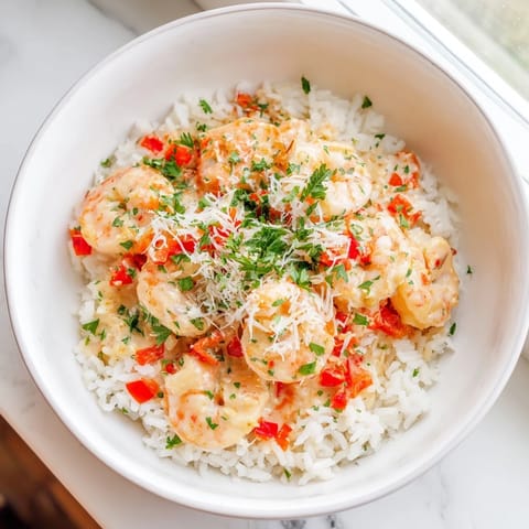 Spicy Cajun cream sauce coats plump shrimp served over aromatic jasmine rice in a comforting bowl for dinner.