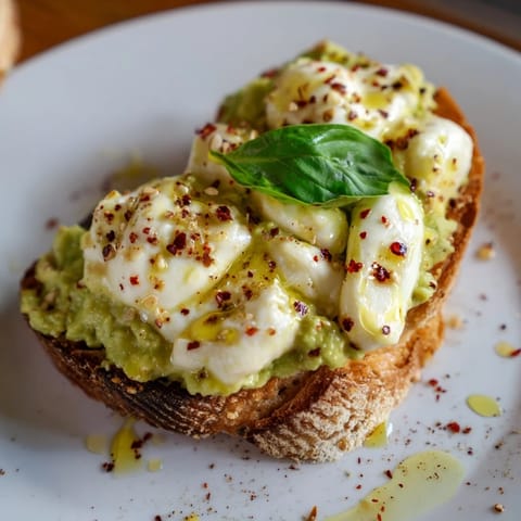 A vibrant open-faced Avocado Mozzarella Tartine served warm, perfect for a quick lunch or light snack.  