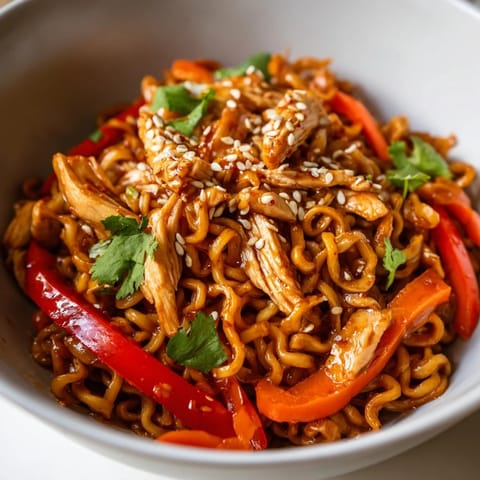 Steam rises from a hot skillet of Spicy Ramen Stir-Fry, packed with julienned carrots, bell peppers, and broccoli florets for texture.