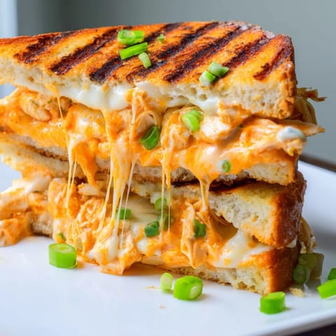 Toasted sourdough bread golden brown, filled with spicy buffalo chicken, creamy ranch, and melted sharp cheddar for a bold sandwich.
