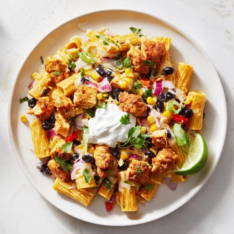 Golden, crispy chicken pieces rest atop steaming Crispy Chicken Burrito Pasta, garnished with fresh cilantro and lime wedges.