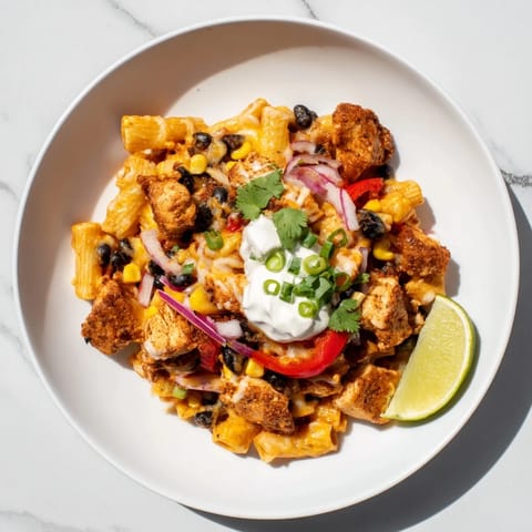 Hearty Crispy Chicken Burrito Pasta in a skillet, featuring tender chicken, black beans, corn, and melted cheese blend.