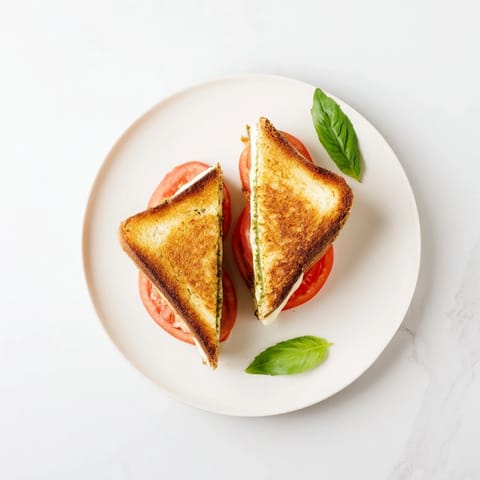 Golden, crispy sourdough slices are stuffed with melted mozzarella, juicy tomato rounds, and aromatic basil pesto in this Caprese Pesto Grilled Cheese.