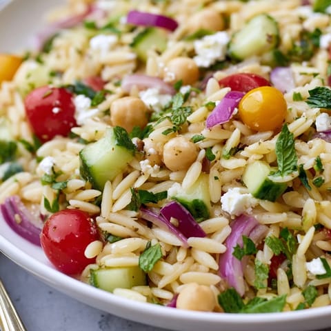 Bright Lemony Chickpea Orzo Salad tossed with fresh herbs, cherry tomatoes, and a zesty lemon vinaigrette.