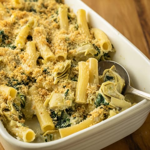 A serving of Artichoke Pasta Bake on a white plate, featuring tender pasta and wilted spinach.