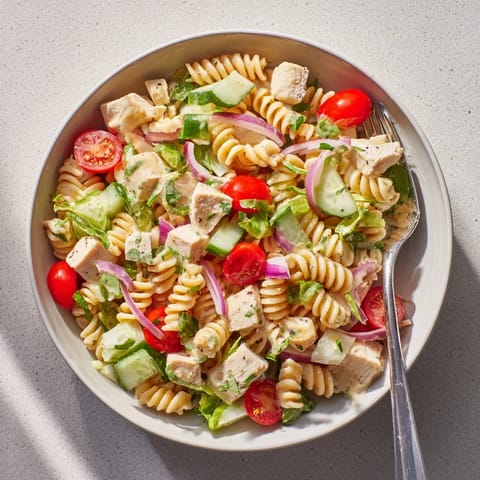 A close-up of Honey Mustard Chicken Pasta Salad with spiral pasta, diced chicken, and colorful vegetables tossed in a glossy dressing.