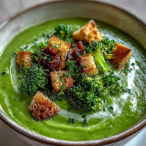 Velvety creamy broccoli soup, a comforting bowl drizzled with rich cream.