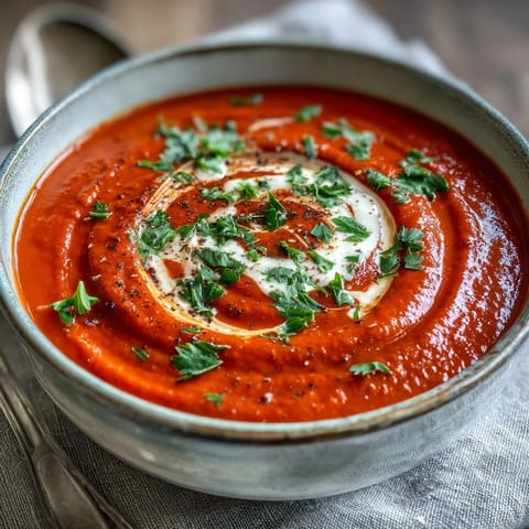 Silky smooth Roasted Red Pepper Soup, showcasing smoky, sweet pepper flavors.