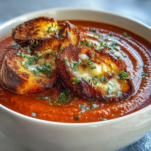 Comforting bowl of velvety roasted tomato soup, finished with delicious homemade croutons.