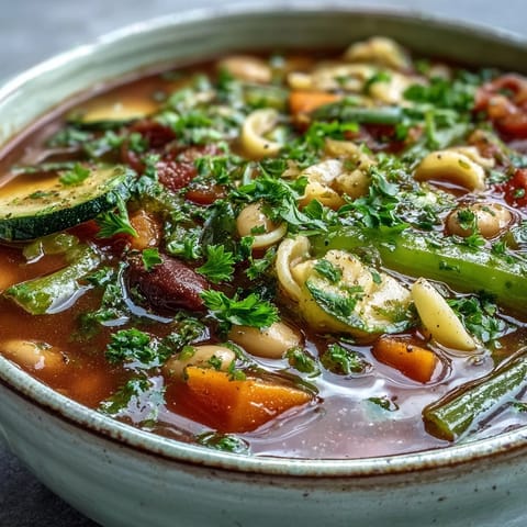 Steaming bowl of flavorful Minestrone Vegetable Soup, garnished with fresh parsley and Parmesan cheese.