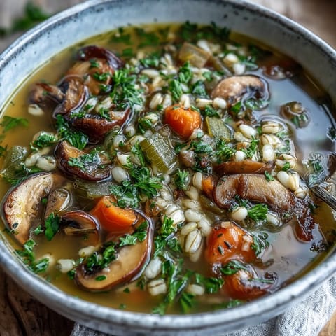 Cozy Mushroom and Barley Soup, a nourishing vegetarian dish with earthy flavors.
