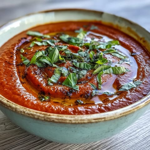 Velvety tomato basil soup, ready to be served with a drizzle of olive oil.
