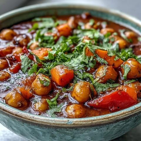 Freshly made Spicy Chickpea Stew in a rustic pot, revealing tender chickpeas and diced vegetables simmering in aromatic spices.