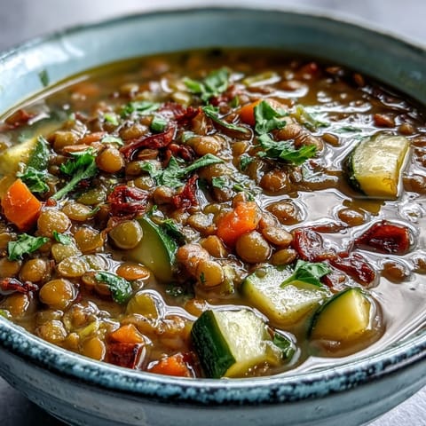 A bowl of homemade Lentil Soup garnished with fresh parsley, showcasing hearty brown lentils and colorful vegetables in a rich broth.