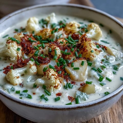Steaming bowl of Vegetarian Cauliflower Chowder with crusty bread on the side. 