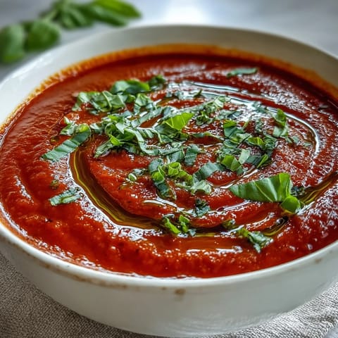 Creamy Tomato and Basil Soup served hot with a rustic grilled cheese sandwich on the side.
