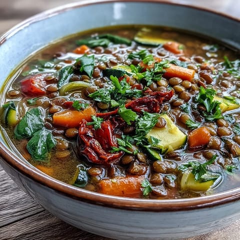 Hearty, oven-roasted vegetables and tender green lentils simmer in a savory broth for this wholesome Lentil and Vegetable Soup.