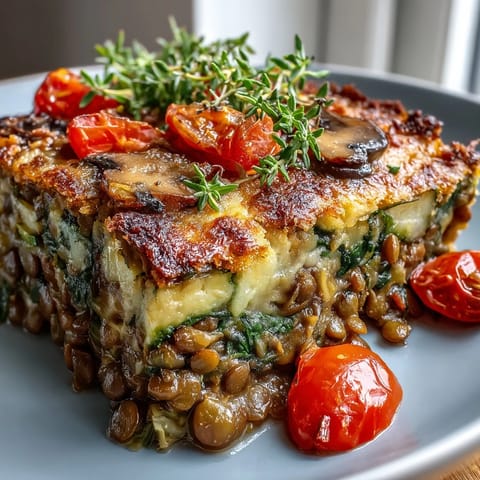 Freshly baked Green Lentil and Vegetable Casserole featuring zucchini, bell peppers, and a savory herb crust.