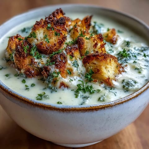 Creamy Cauliflower and Broccoli Soup is garnished with golden croutons and parsley in a rustic bowl. 
