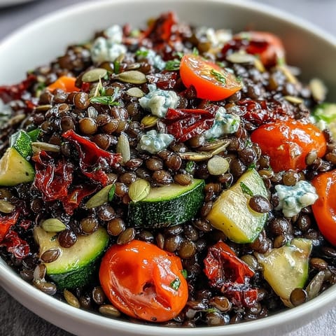 A hearty bowl of Black Lentil Salad showcasing roasted zucchini, red bell pepper, and a zesty lemon dressing.