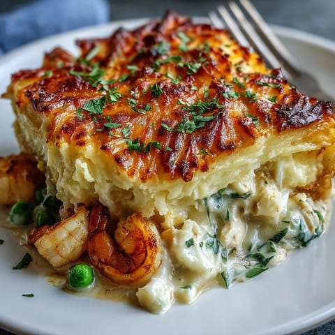 Steaming curried fish pie emerges from the oven, showcasing a golden, fork-marked potato crust over a rich, fragrant filling.