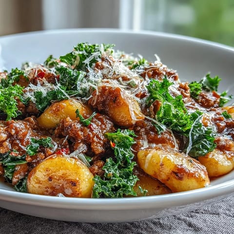 Steaming Sausage Gnocchi with Kale served in a rustic bowl, drizzled with creamy Parmesan sauce.