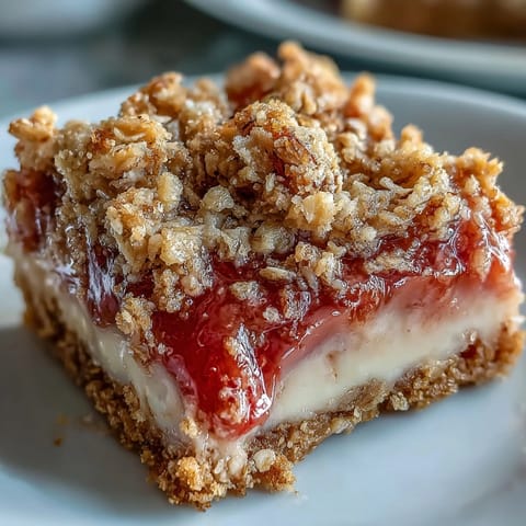 Freshly baked Rhubarb and Custard Crumble Bars display a golden oat topping over rhubarb filling.