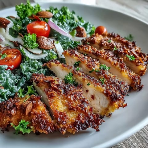 Golden-brown almond-crusted chicken breasts rest beside a vibrant bowl of marinated kale and sumac salad.