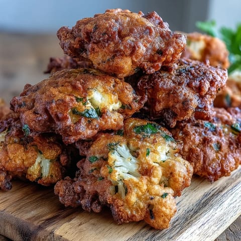 A bowl of Cauliflower Bhajis served hot with fresh cilantro and lemon wedges.