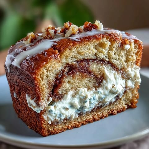Freshly baked Cream Cheese Cinnamon Swirl Banana Bread slices on a wooden board, revealing a moist crumb and rich cream cheese filling.