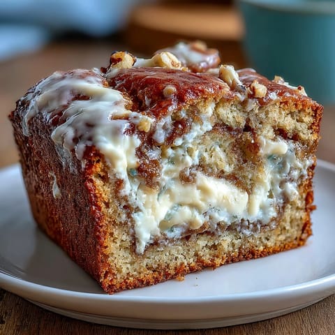 Thick slice of Cream Cheese Cinnamon Swirl Banana Bread on a white plate, showcasing the sweet cinnamon sugar topping and soft texture.