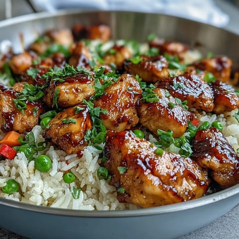 Garnished with fresh parsley, One-Pan Bold Honey BBQ Chicken Rice reveals saucy chicken thighs, fluffy rice, and vibrant mixed vegetables in a skillet.