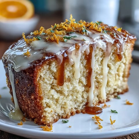 A glazed Heavenly Blood Orange Yogurt Cake slice on a white plate, zest garnish, moist crumb.