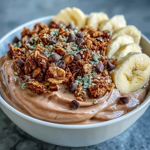 Two vibrant Chunky Monkey Smoothie Bowls ready to serve with cacao nibs and chocolate chips.