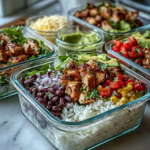 Golden brown seasoned chicken, fluffy rice, and hearty black beans layered in a clear meal prep container with fresh diced bell peppers and corn.